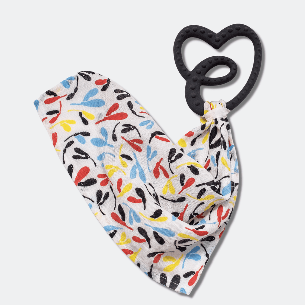 SENSORY TEETHER WITH MINI MUSLIN - BLACK/SYCAMORE (5+ month babies) - Etta Loves